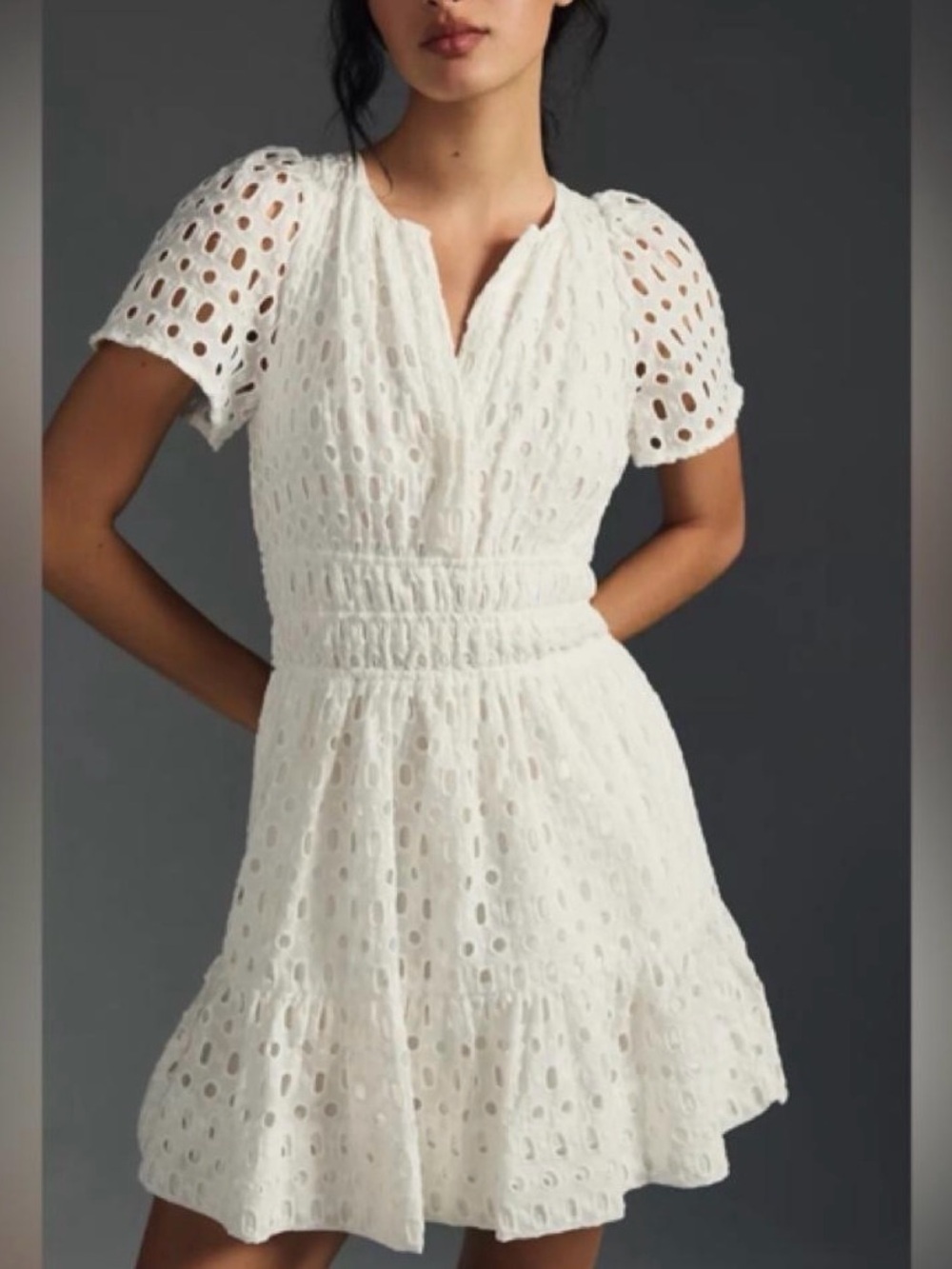 Anthropologie White Eyelet Smocked Waist Mini Dress